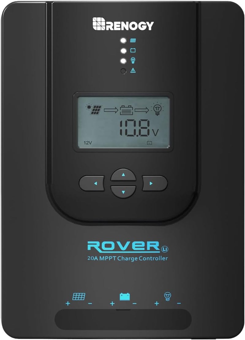 Renogy وحدة تحكم شحن Rover 12V/24V 20A مع MPPT - وحدة تحكم شمسية بمدخل DC للسيارات/البحرية، شاشة LCD قابلة للتعديل تلقائيًا، منظم لوحات شمسية مناسب لبطاريات الجل المغلقة والمغمورة والليثيوم - Image 1